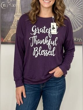 Leo Rosi Purple Long Sleeve Top with White 'Grateful Thankful Blessed' Script